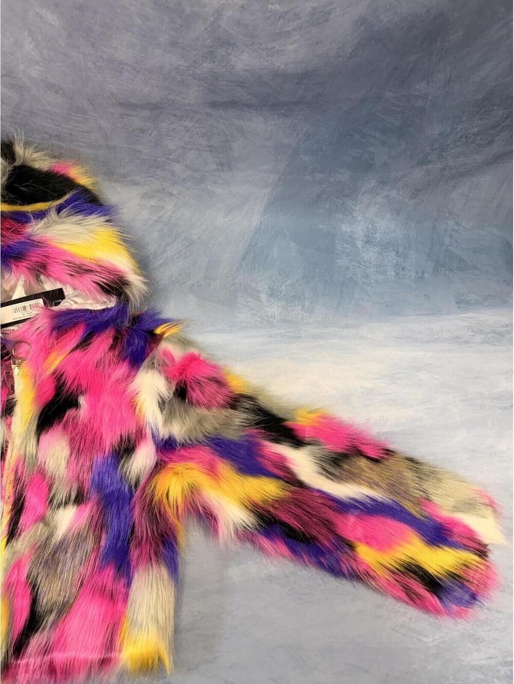 Rockstar Original Women Faux Fur Multicolor Hooded Crop Jacket NWT Size M - Picture 6 of 16